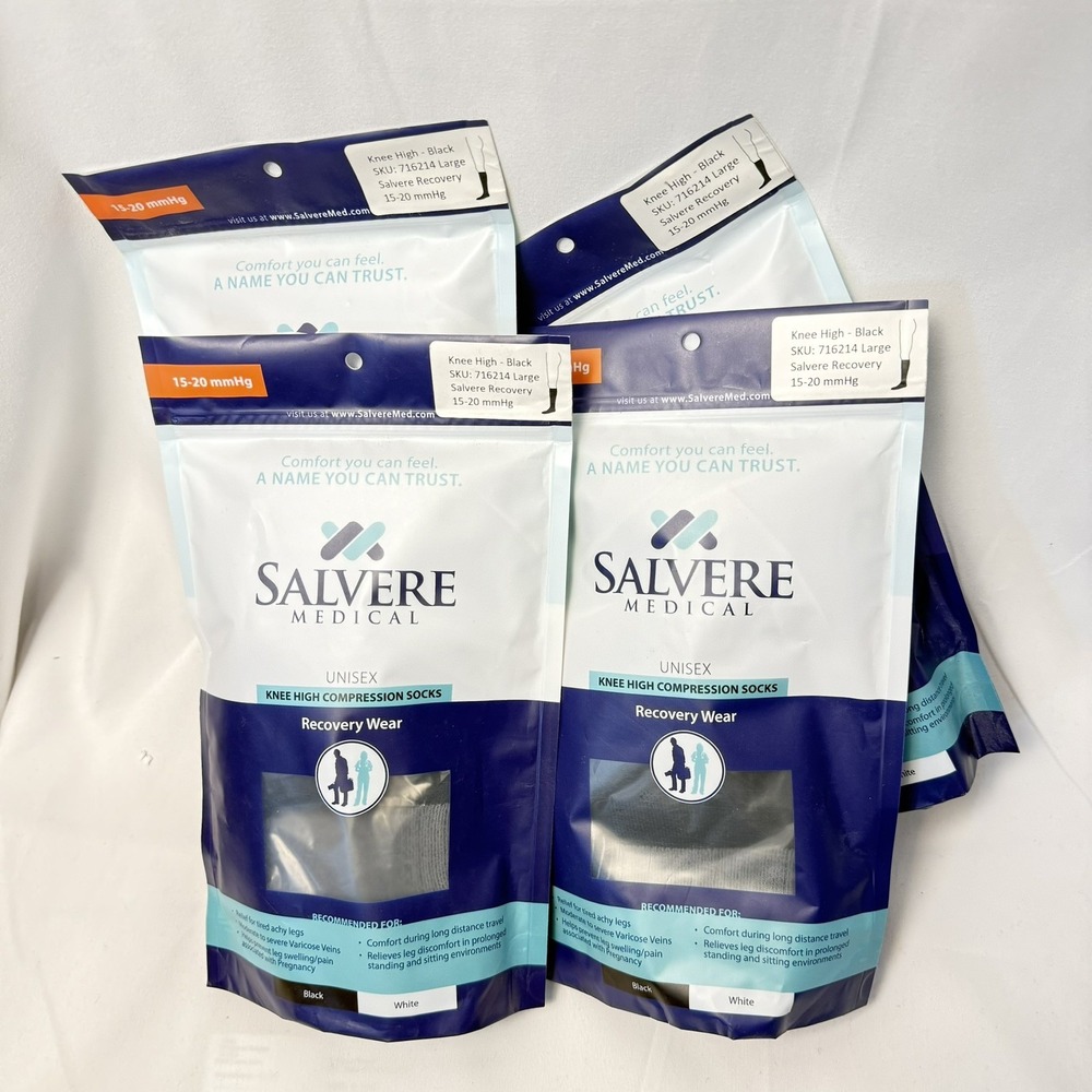 4 Pair Salvere Medical Unisex Compression Socks 15-20 mmHg Knee High L Black